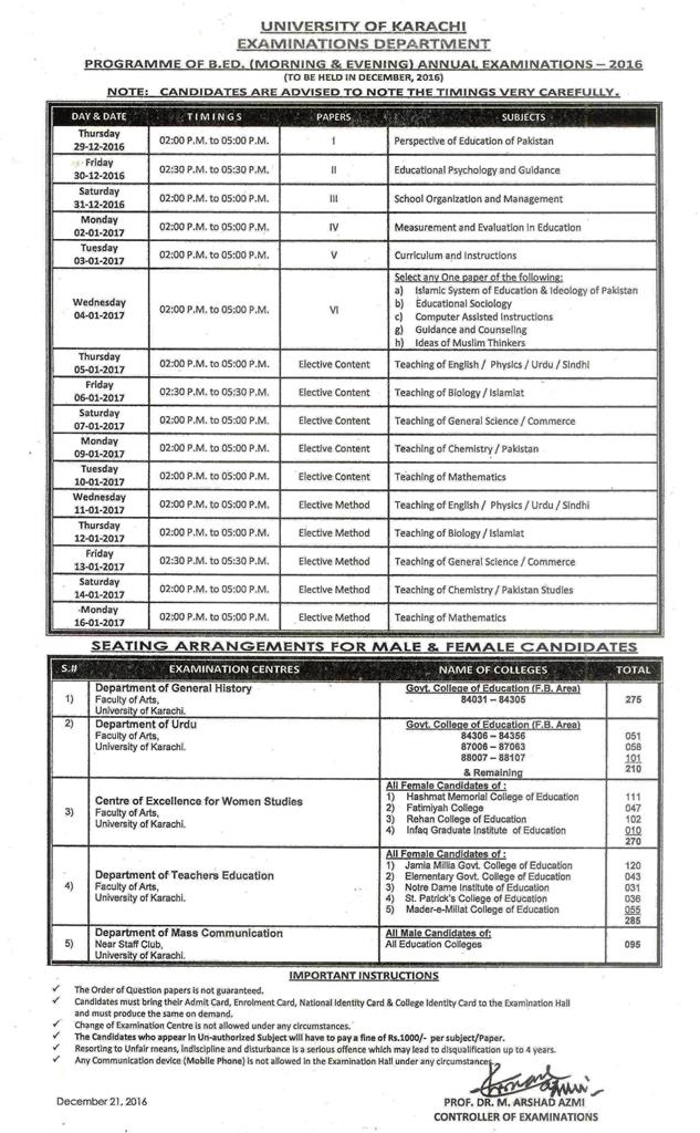 UOK issues B.Ed and M.Ed Annual Date Sheet 2018