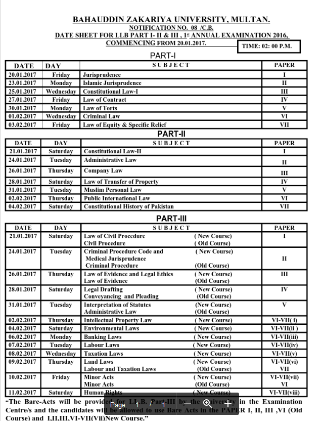 BZU LLB 1st Annual 2018 Date Sheet for Part I II & III