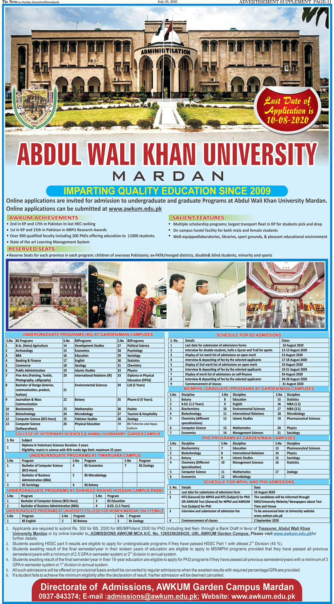 Abdul Wali Khan University AWKU BS Admissions 2020
