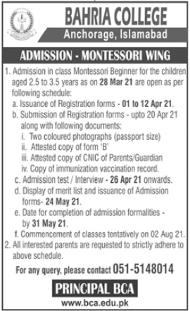 Bahria College Islamabad Montessori Admissions 2021