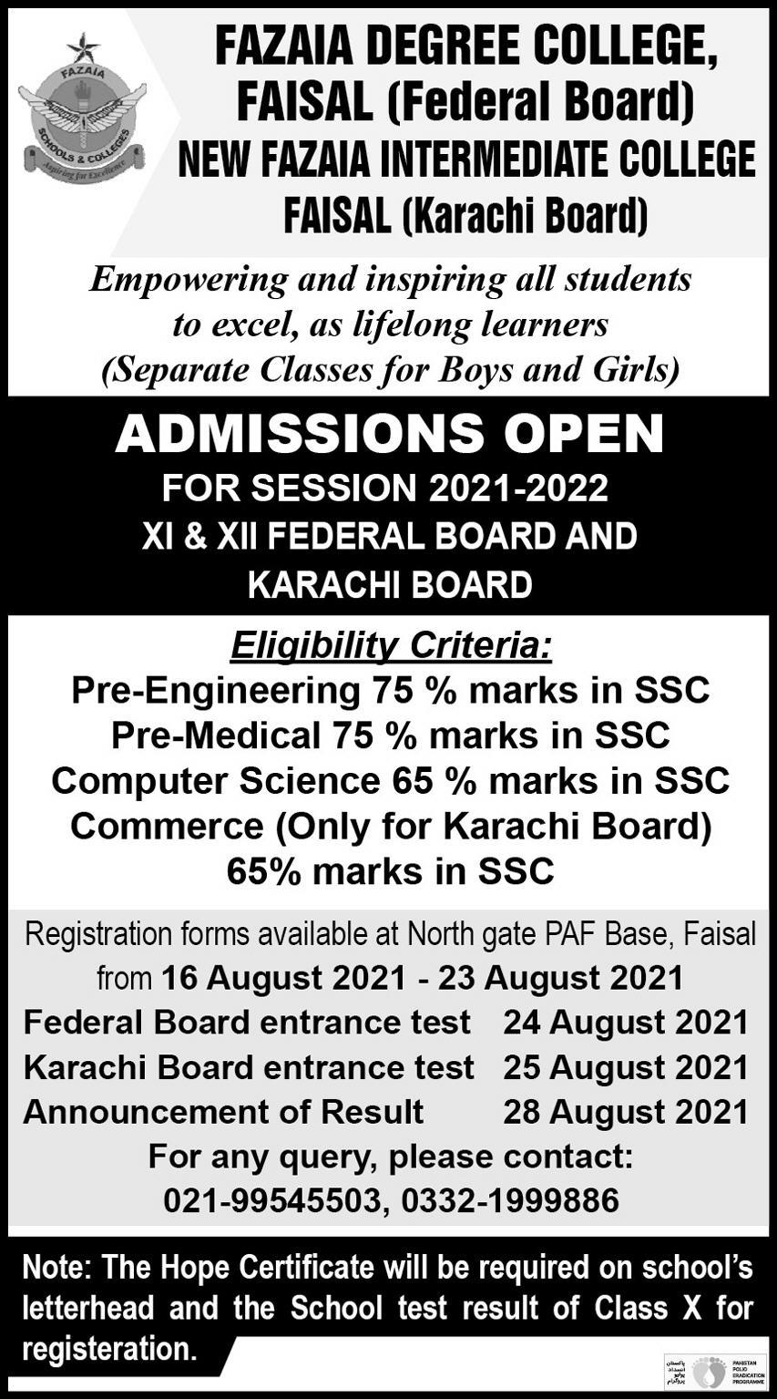 Fazaia Degree College Faisal Karachi Admissions 2021