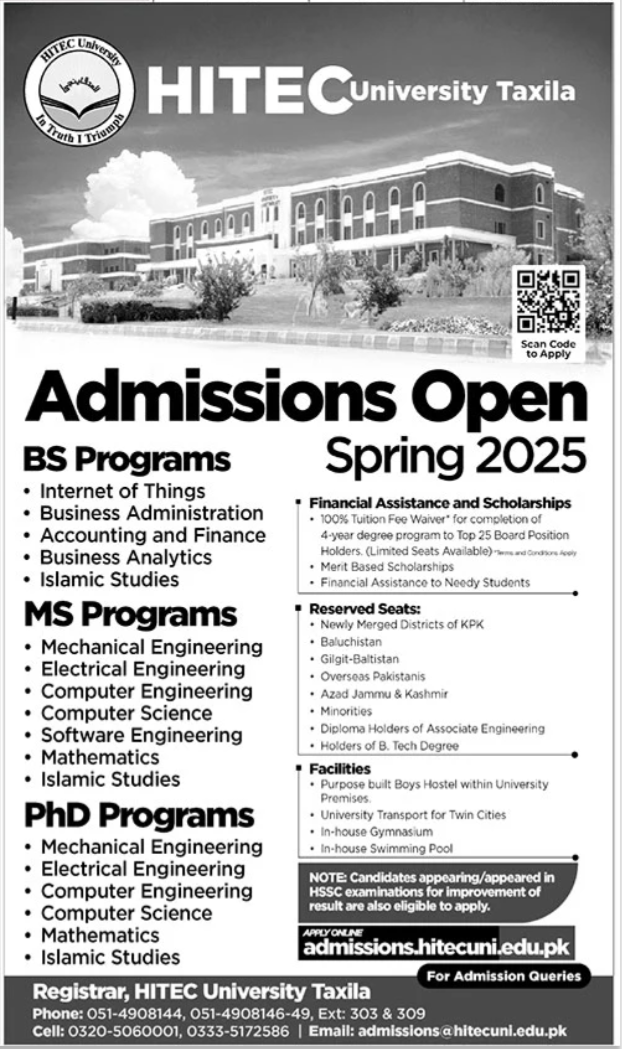 HITEC University BS MS & PhD Programs Admissions 2025